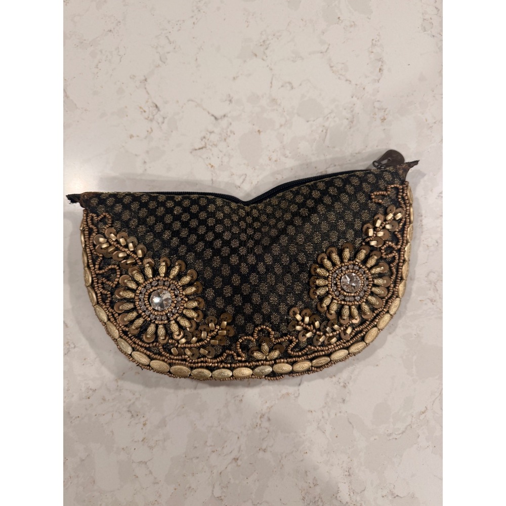 Beaded Half Moon Clutch Bag Gold Bronze Floral Sequin Evening Pouch Fleur De Lis